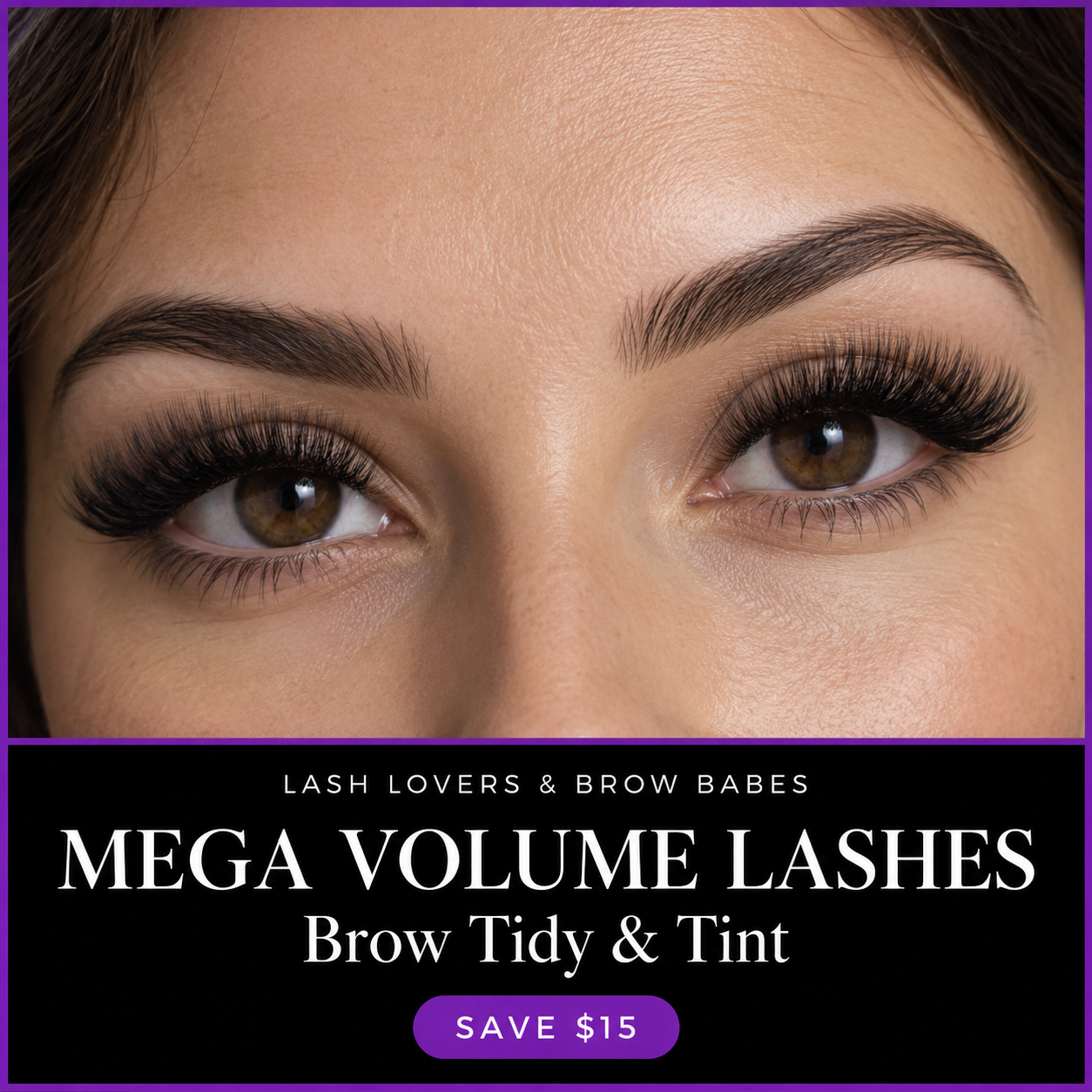 Mega Volume lash extensions with brow tidy and tint — natural skin tones and black and purple package branding